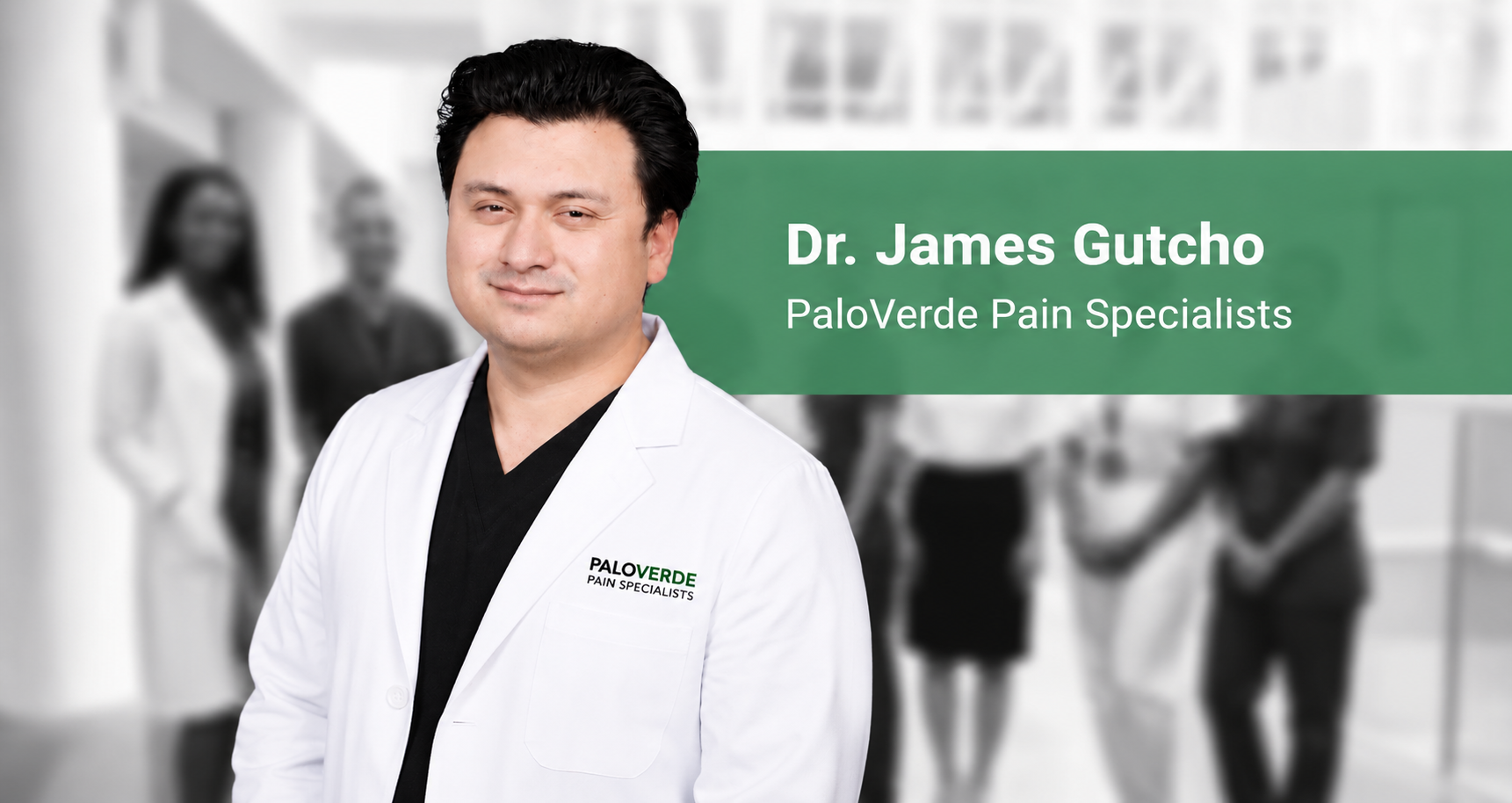 Pain specialist in white coat, blurred staff
